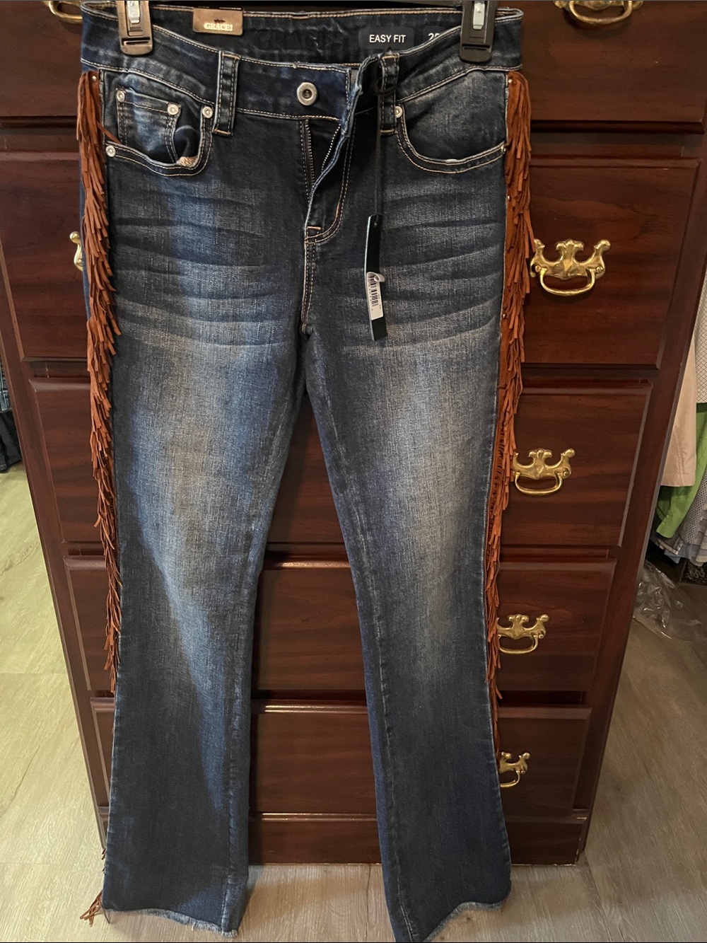 Grace in LA Dark Wash Bootcut Jeans with Brown Fringe